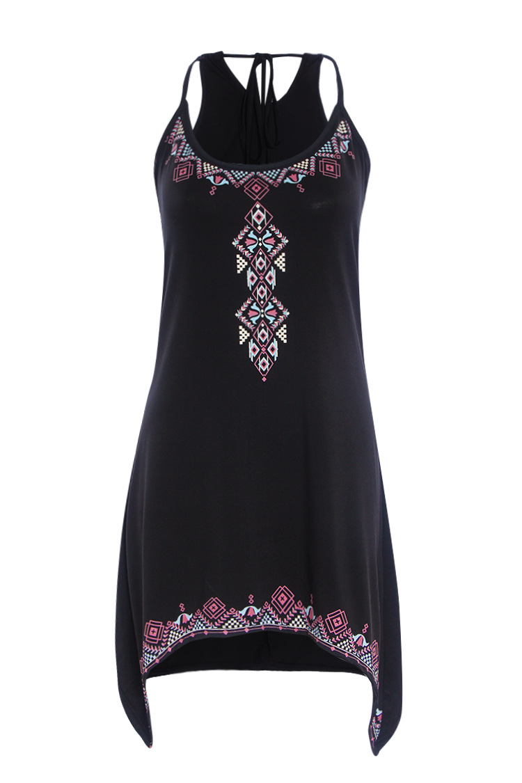 W25031 Black Keyhole Back Tribe Print Asymmetric Cami Dress